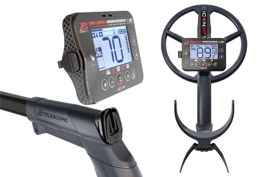 Metalldetektor XP Icon mit 28cm Suchspule Display, Rückansicht & Teleskopstange