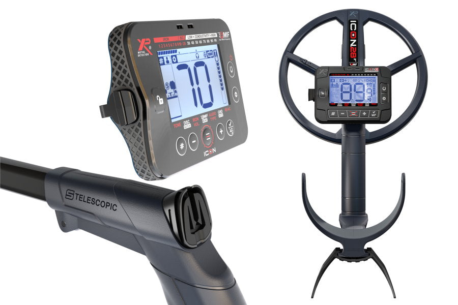 Metalldetektor XP IconX mit 28cm Suchspule und WSA Stereo-Funkkopfhörer Display, Rückansicht & Teleskopstange